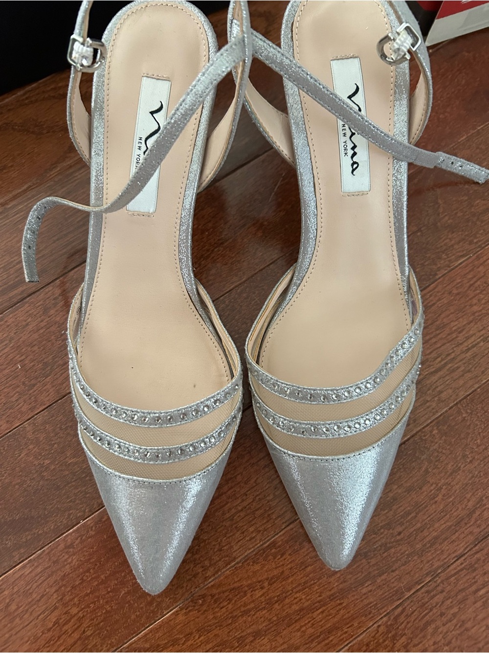 Nina Silver Pointed-Toe Ankle-Strap Heels with Rhinestone Straps